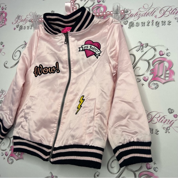Betsey Johnson bomber jacket coat kids shiny satiny silky fabric pink embroider - Picture 4 of 12